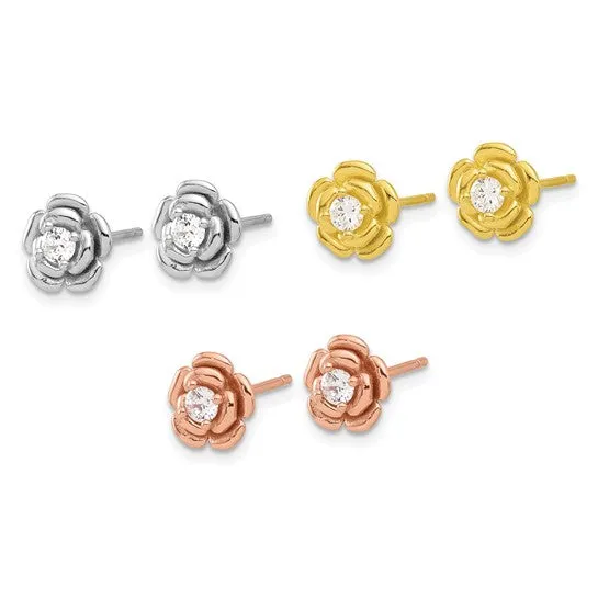 Sterling Silver Rose Gold and Yellow Gold CZ Rose 3 Pair Earrings Set