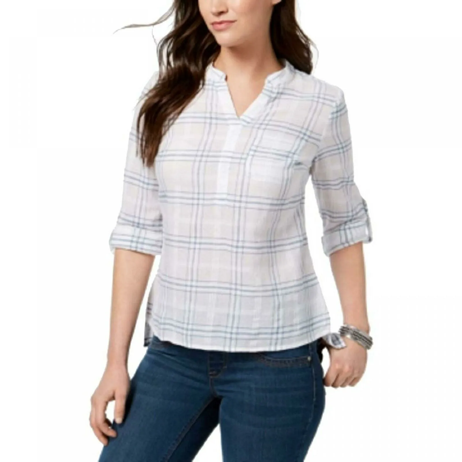 Style & Co. Women's Petite Cotton Textured Roll Tab Long Sleeve Shirt
