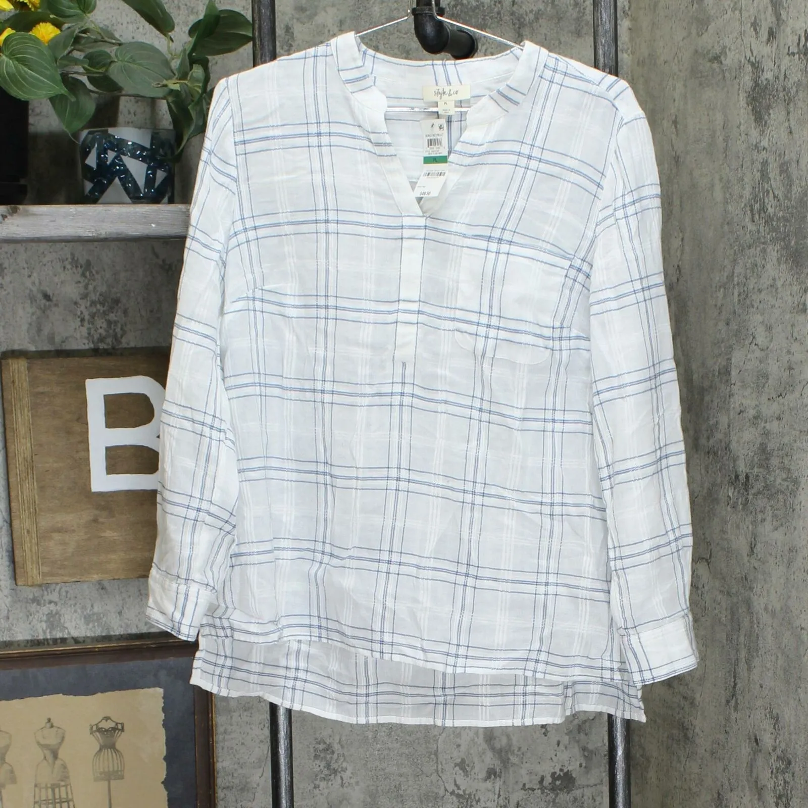 Style & Co. Women's Petite Cotton Textured Roll Tab Long Sleeve Shirt