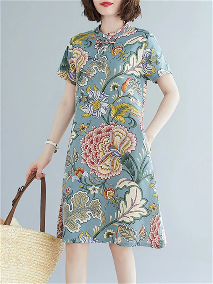 Summer Female Floral Print Round Neck Elegant Knee Length Dress