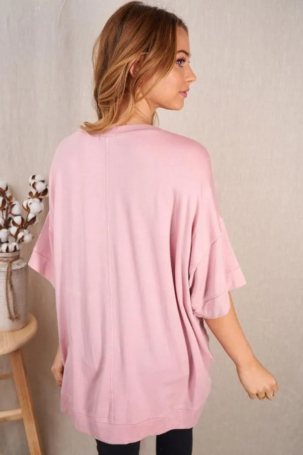 Super Soft Sweatshirt Top with Ladder Neck Detail in Blush