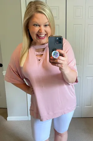 Super Soft Sweatshirt Top with Ladder Neck Detail in Blush
