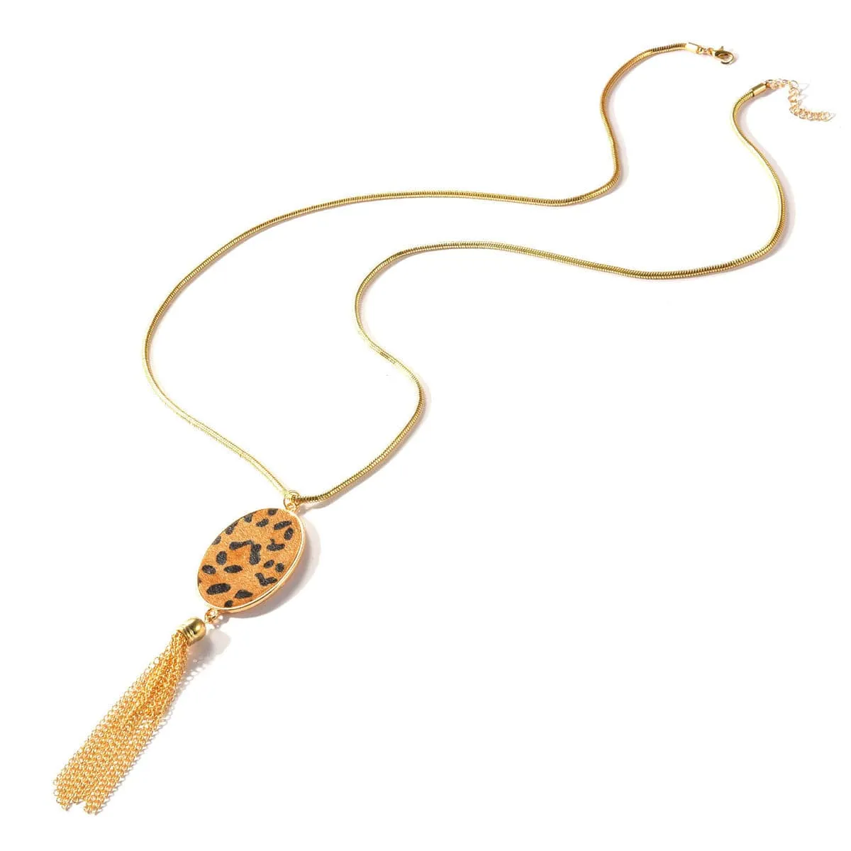 Tan Polyurethane & 18K Gold-Plated Leopard-Print Oval Tassel Pendant Necklace