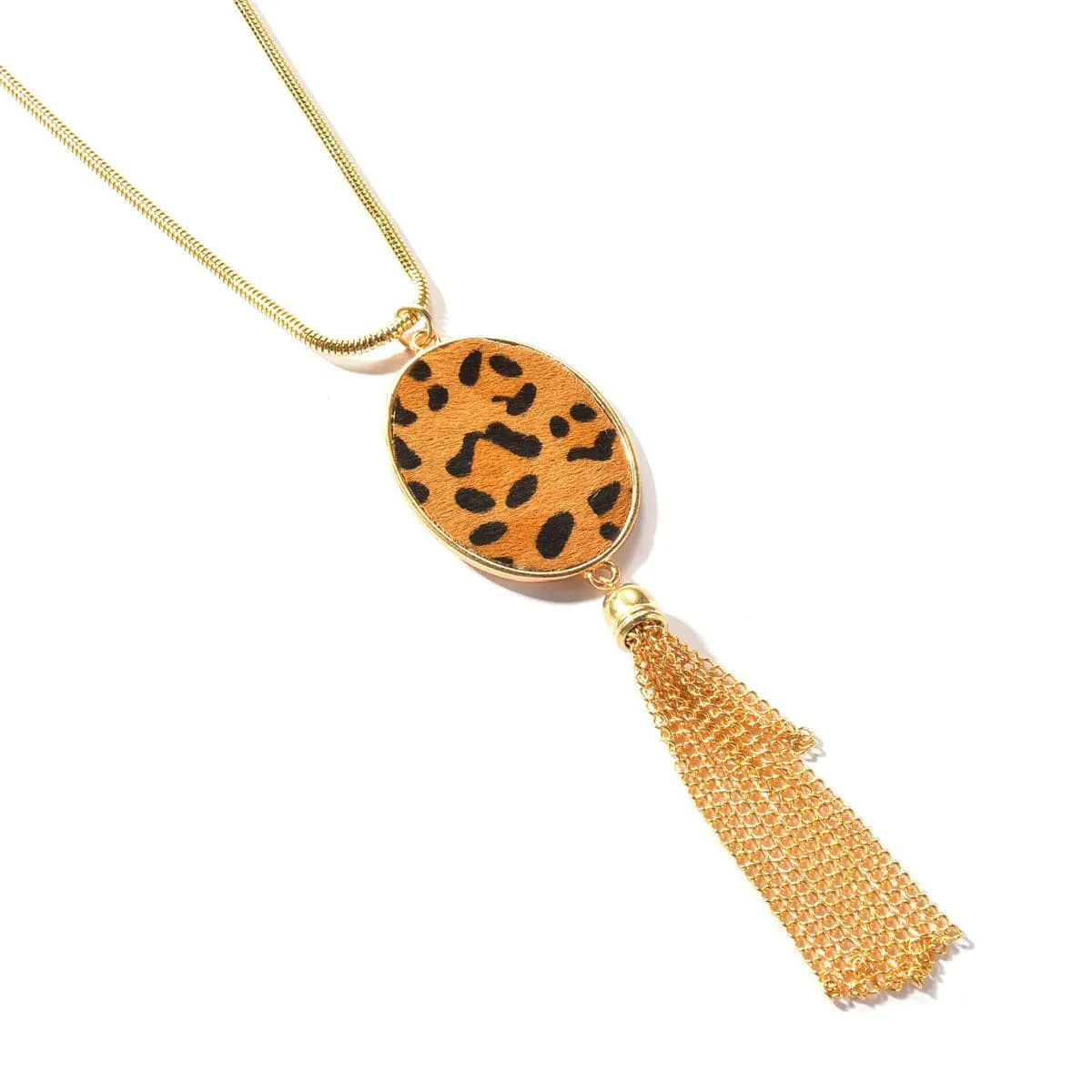 Tan Polyurethane & 18K Gold-Plated Leopard-Print Oval Tassel Pendant Necklace