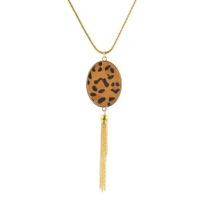 Tan Polyurethane & 18K Gold-Plated Leopard-Print Oval Tassel Pendant Necklace
