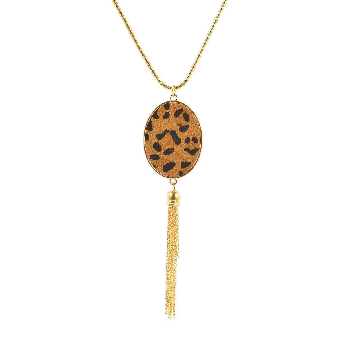 Tan Polyurethane & 18K Gold-Plated Leopard-Print Oval Tassel Pendant Necklace