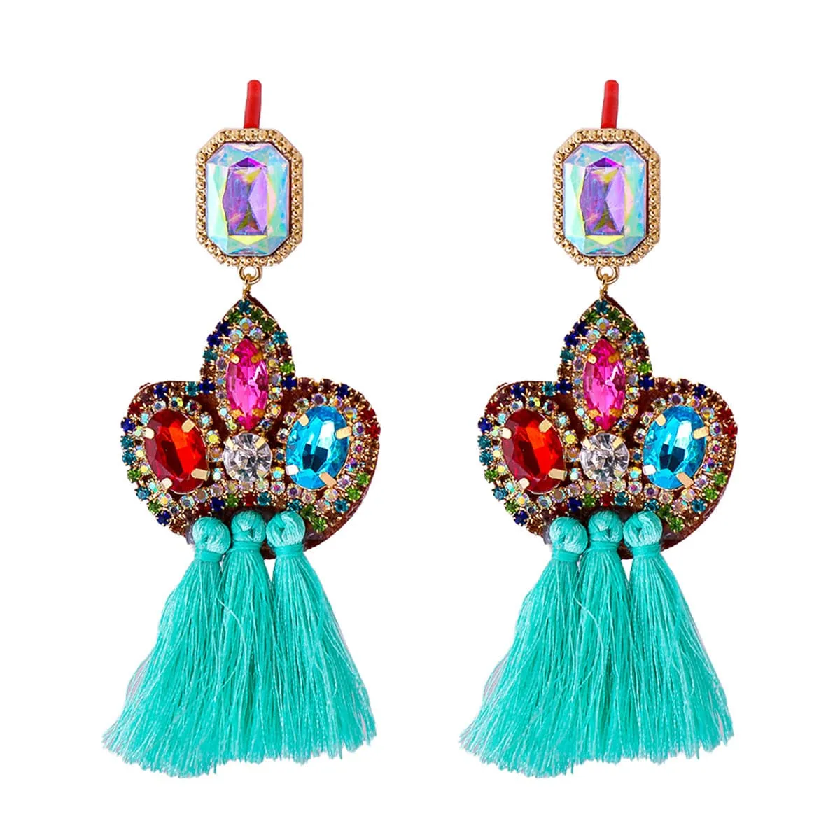 Teal Crystal & Cubic Zirconia Tassel Drop Earrings