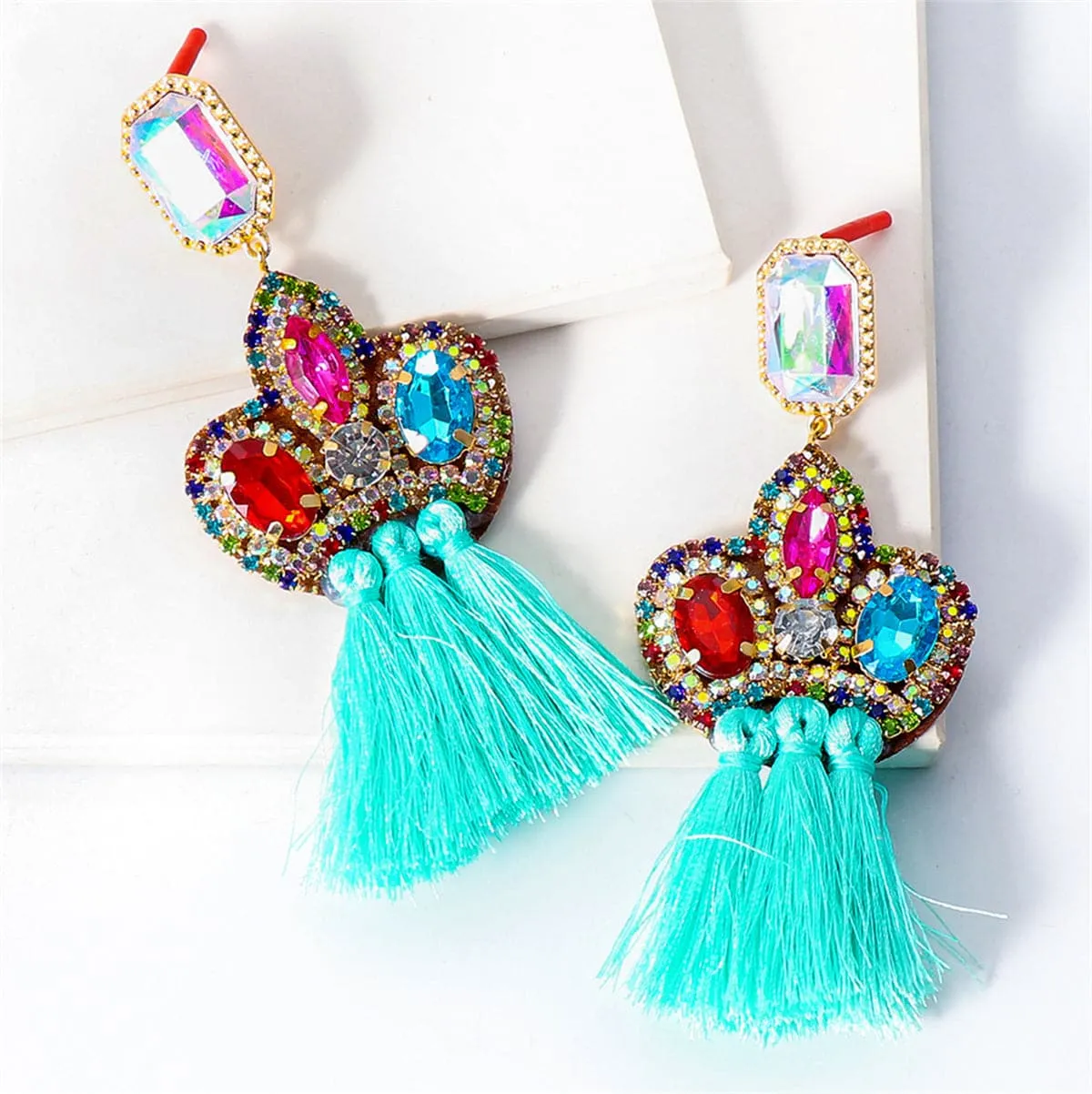 Teal Crystal & Cubic Zirconia Tassel Drop Earrings