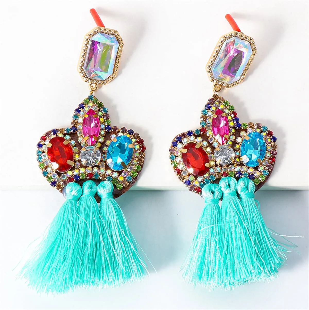 Teal Crystal & Cubic Zirconia Tassel Drop Earrings