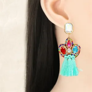 Teal Crystal & Cubic Zirconia Tassel Drop Earrings