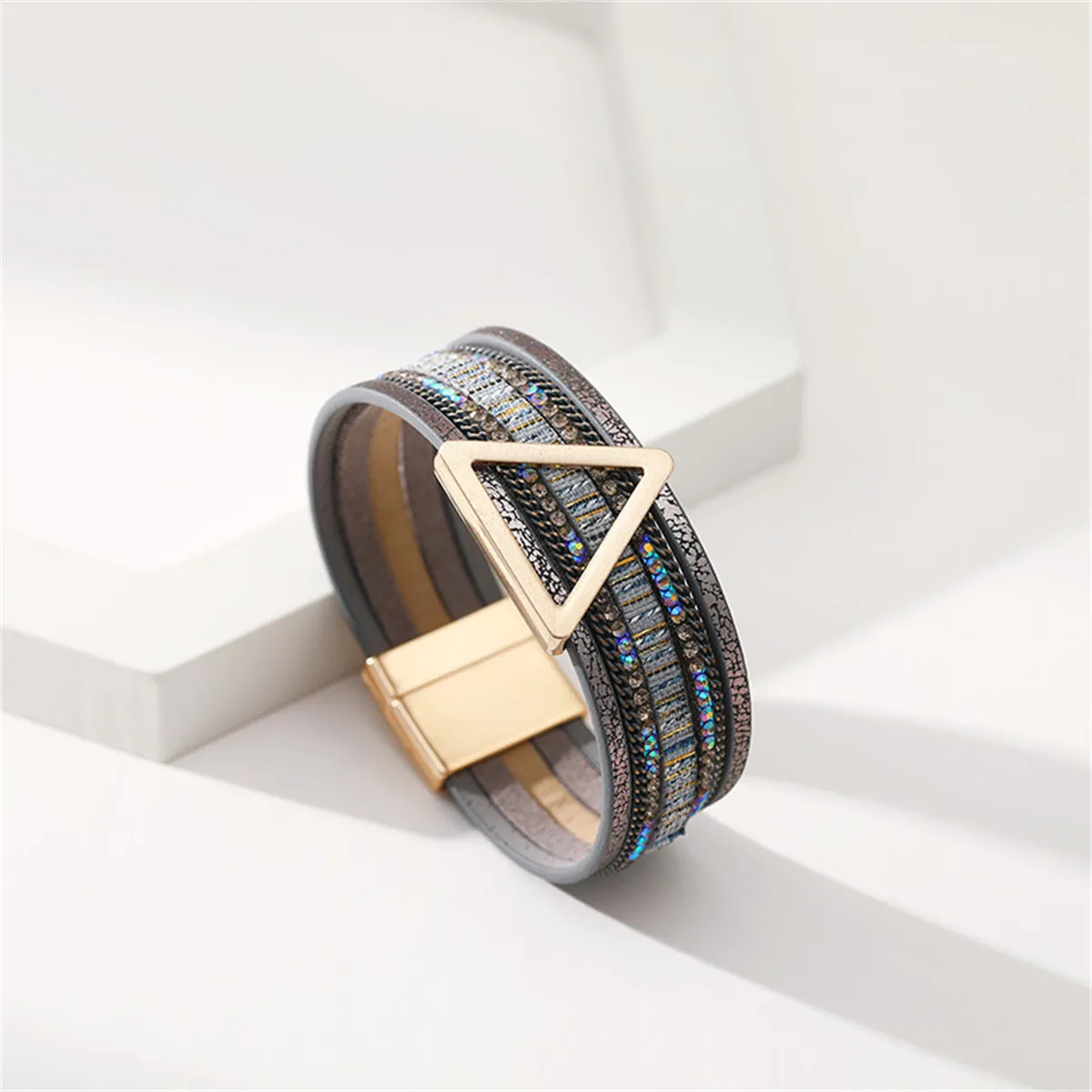 Teal Polystyrene & Cubic Zirconia Triangle Layered Bracelet