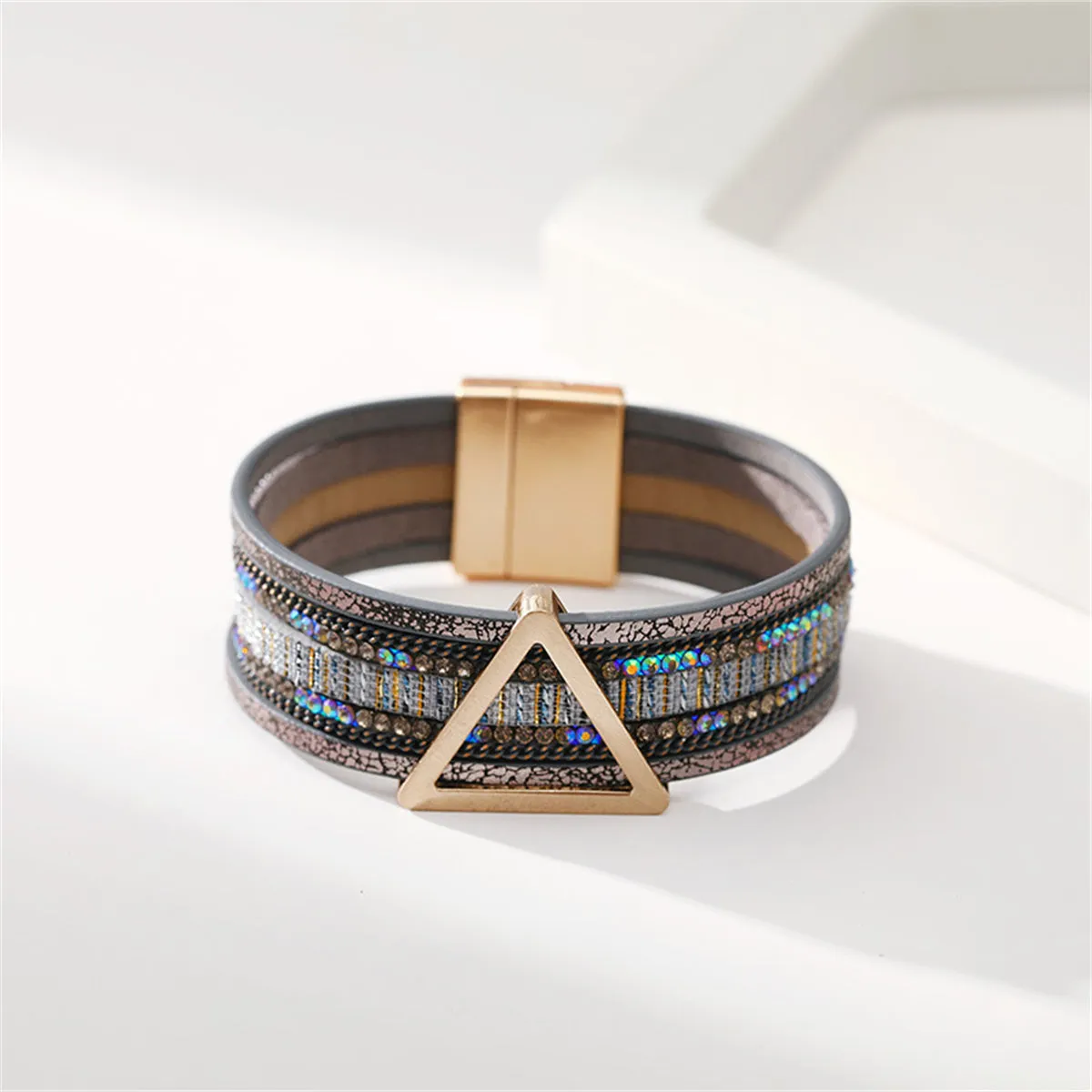 Teal Polystyrene & Cubic Zirconia Triangle Layered Bracelet