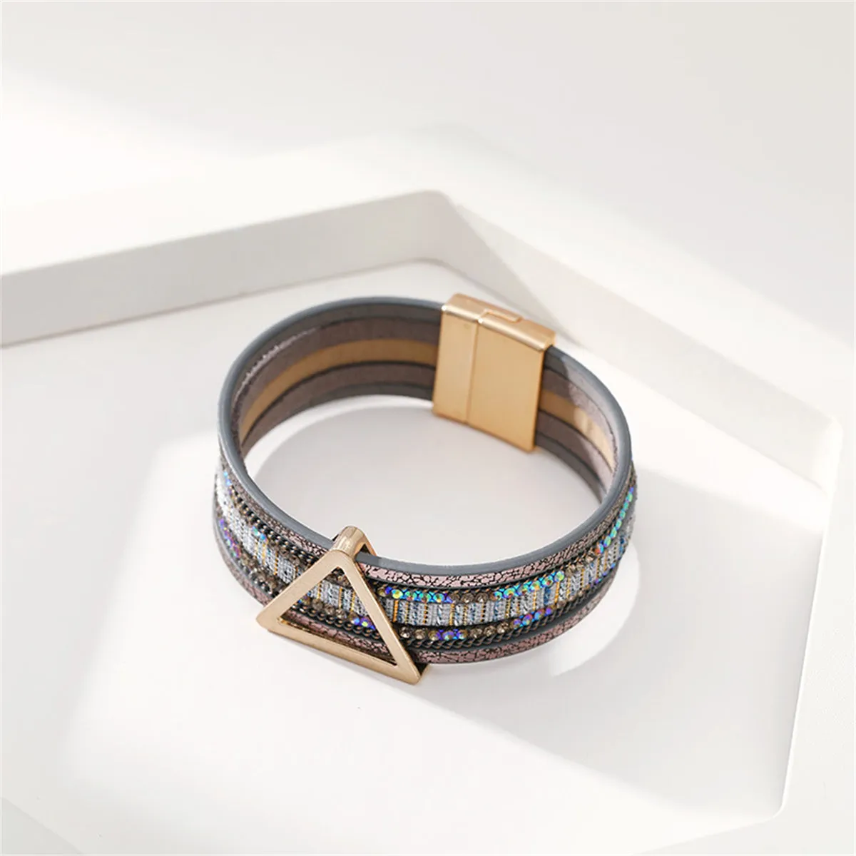 Teal Polystyrene & Cubic Zirconia Triangle Layered Bracelet