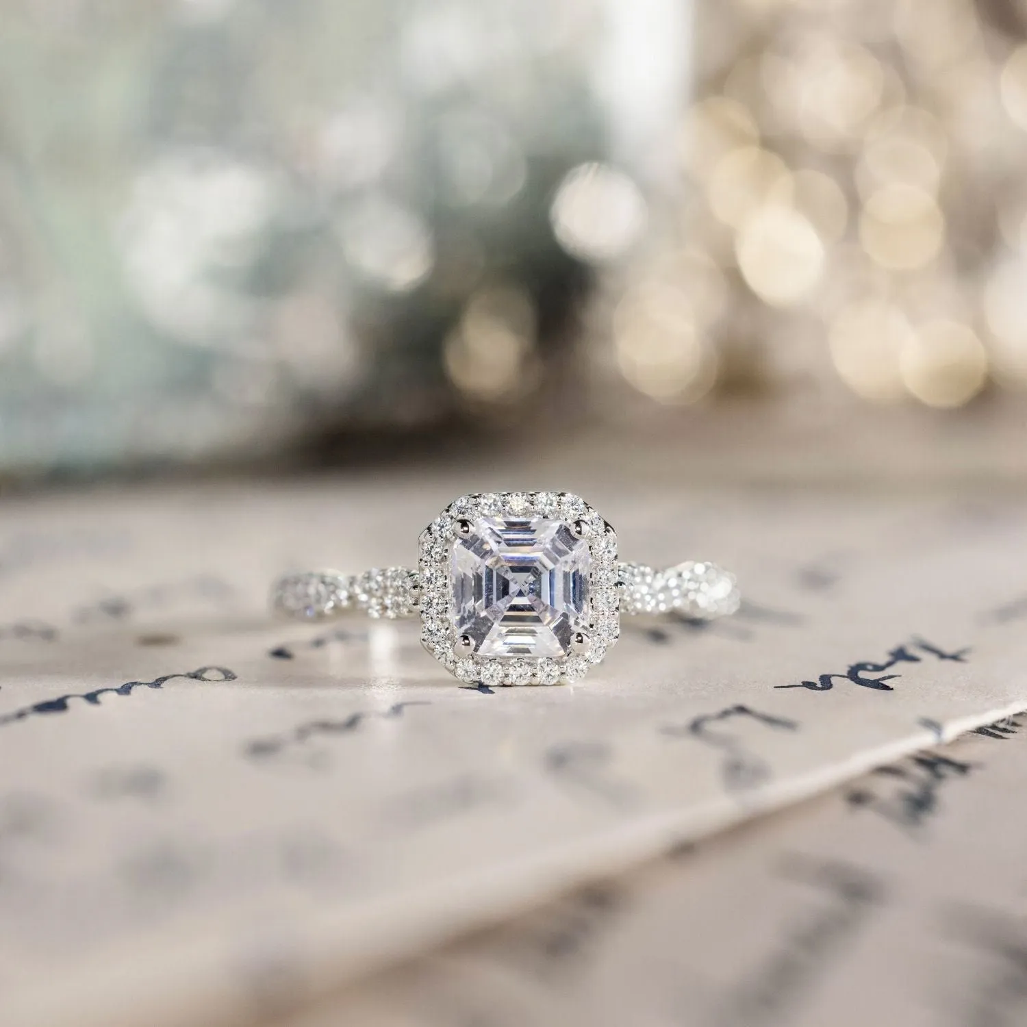 The Augusta - Asscher Halo Diamond Engagement Ring with Twisted Pavé Diamond Setting