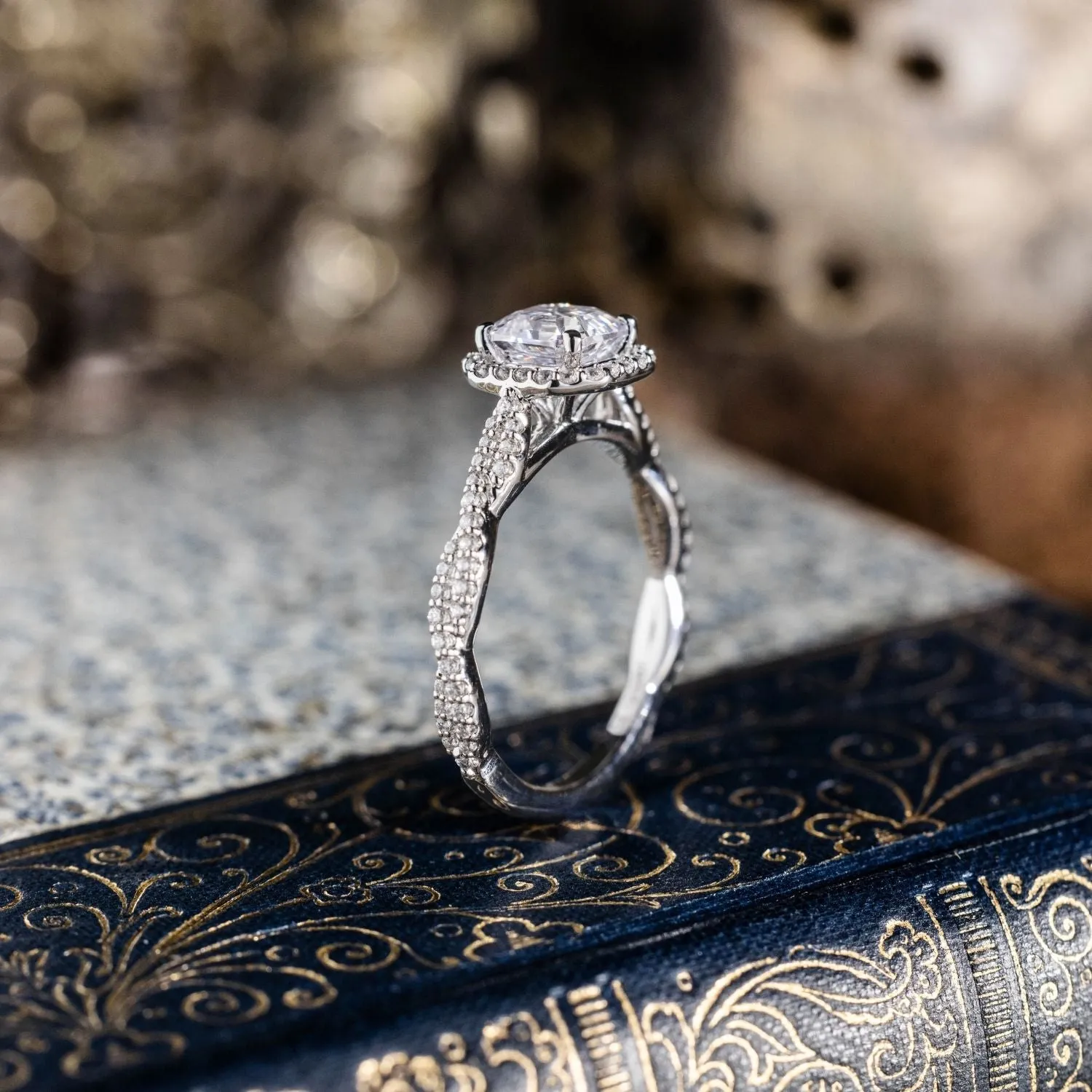 The Augusta - Asscher Halo Diamond Engagement Ring with Twisted Pavé Diamond Setting