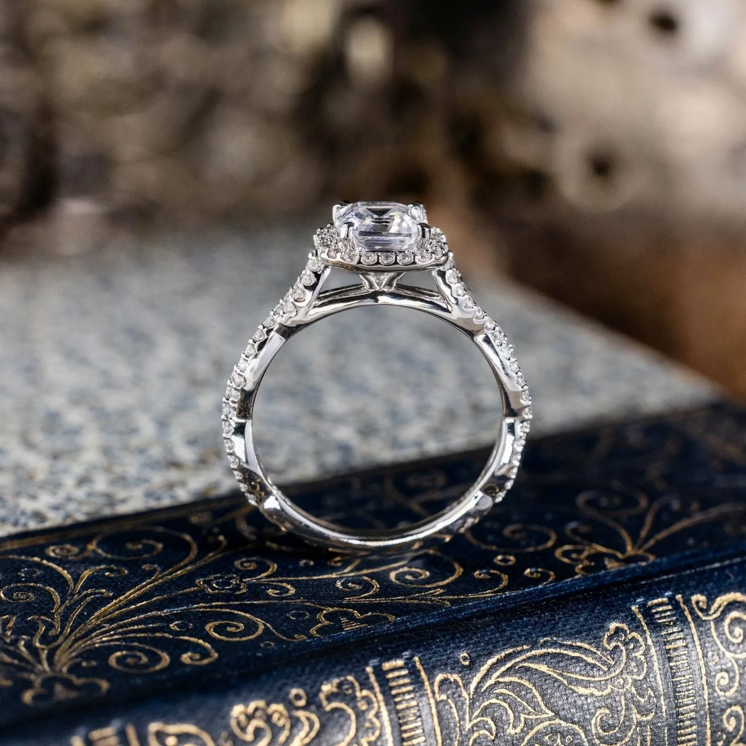 The Augusta - Asscher Halo Diamond Engagement Ring with Twisted Pavé Diamond Setting