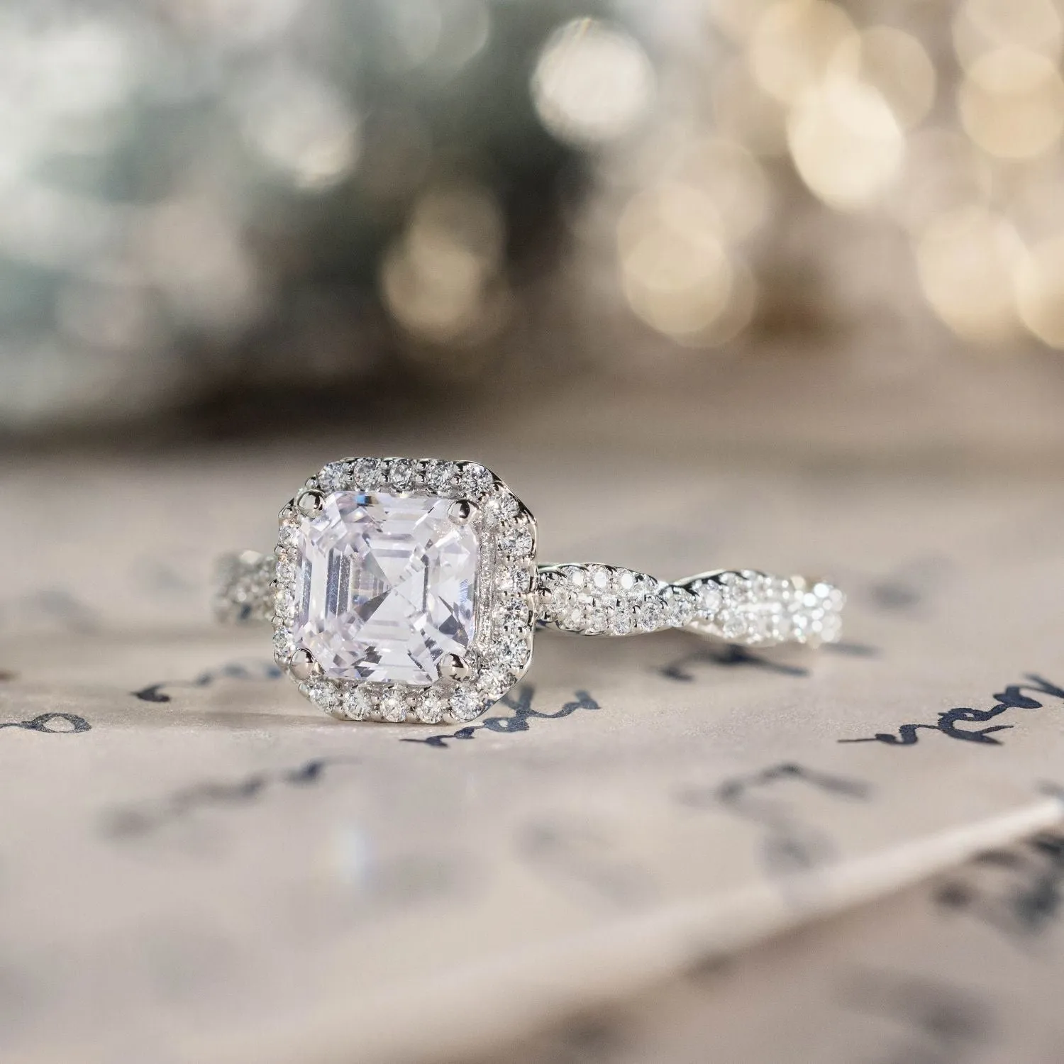 The Augusta - Asscher Halo Diamond Engagement Ring with Twisted Pavé Diamond Setting