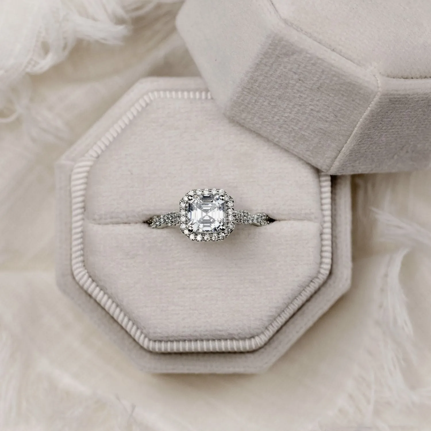 The Augusta - Asscher Halo Diamond Engagement Ring with Twisted Pavé Diamond Setting