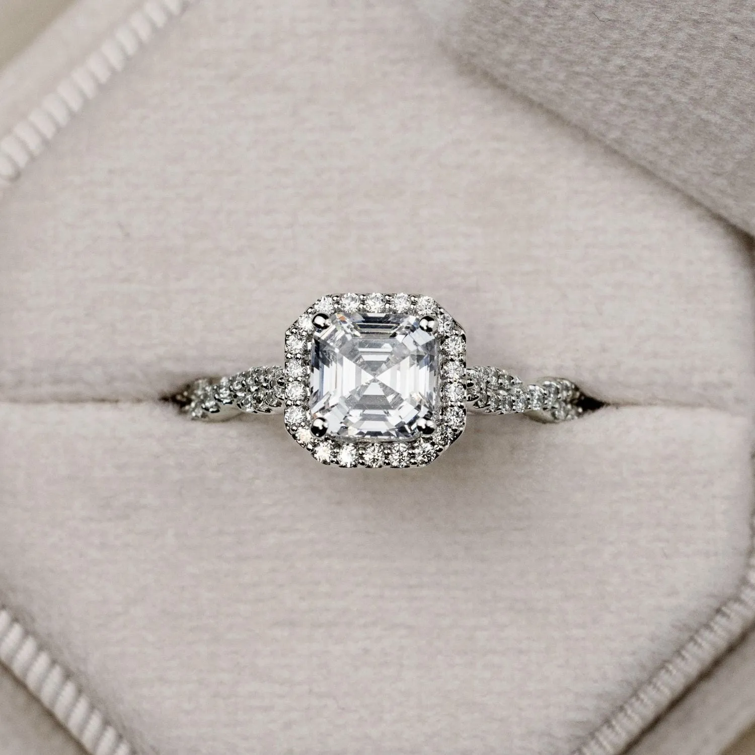 The Augusta - Asscher Halo Diamond Engagement Ring with Twisted Pavé Diamond Setting