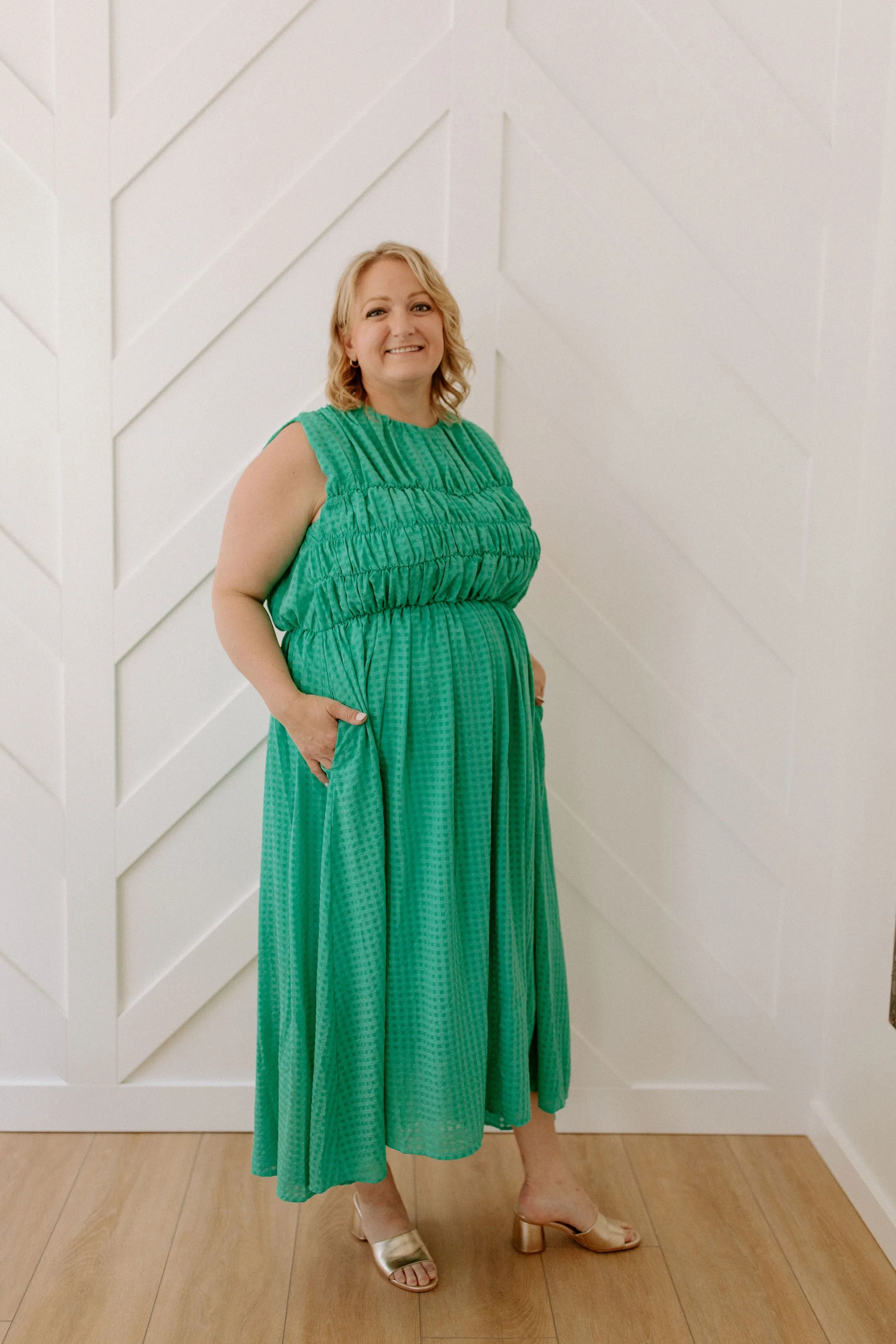 The Dorothy Ruched Checkered Midi Dress - PLUS