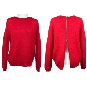 THE KOOPLES Women Back Zipper Mohair Sweater Size Large Crewneck Open Knit Red