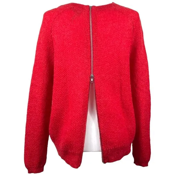 THE KOOPLES Women Back Zipper Mohair Sweater Size Large Crewneck Open Knit Red