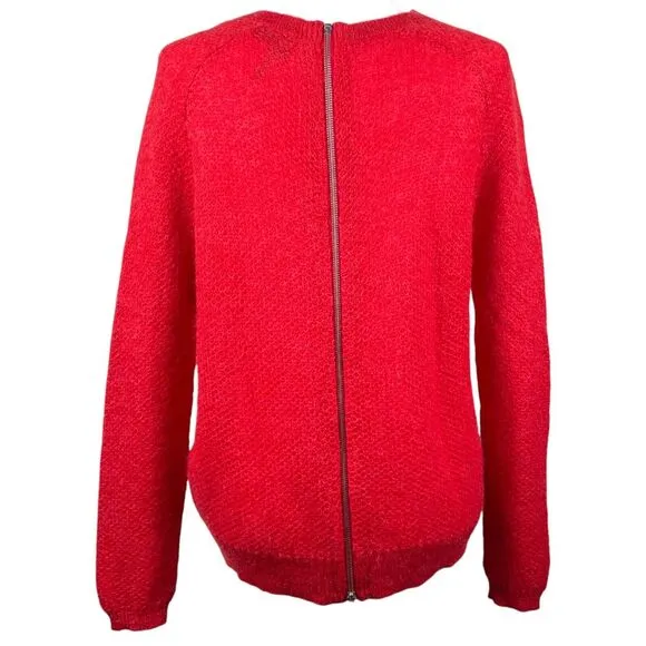 THE KOOPLES Women Back Zipper Mohair Sweater Size Large Crewneck Open Knit Red