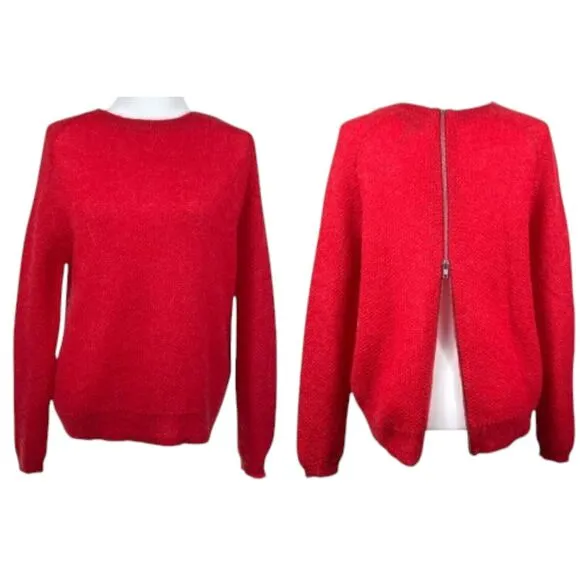 THE KOOPLES Women Back Zipper Mohair Sweater Size Large Crewneck Open Knit Red