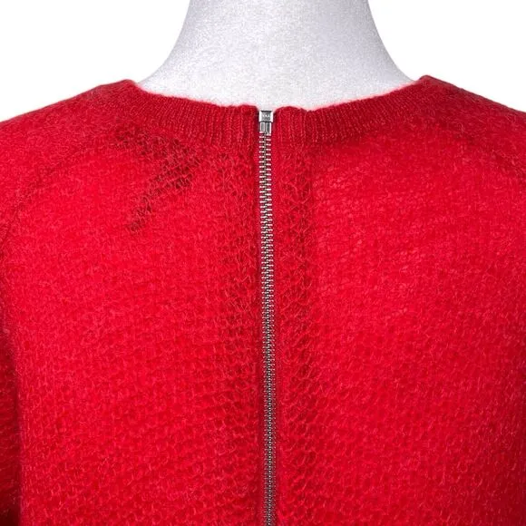 THE KOOPLES Women Back Zipper Mohair Sweater Size Large Crewneck Open Knit Red