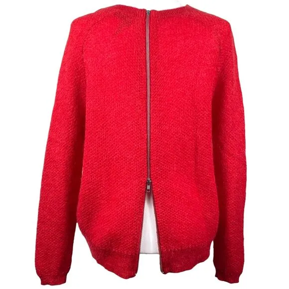 THE KOOPLES Women Back Zipper Mohair Sweater Size Large Crewneck Open Knit Red