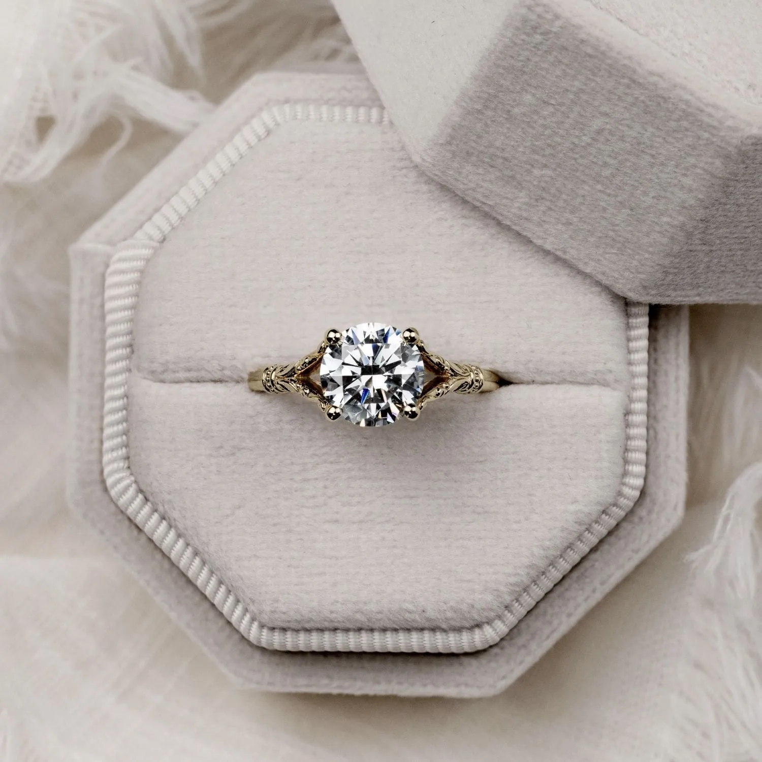 The Selwyn - Round Diamond Solitaire Engagement Ring with Art Nouveau-Inspired Split Shank Setting