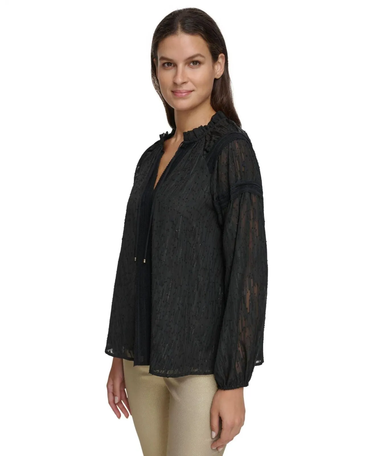 Tommy Hilfiger Women's Textured Split-Neck Top H38T201A Black XL