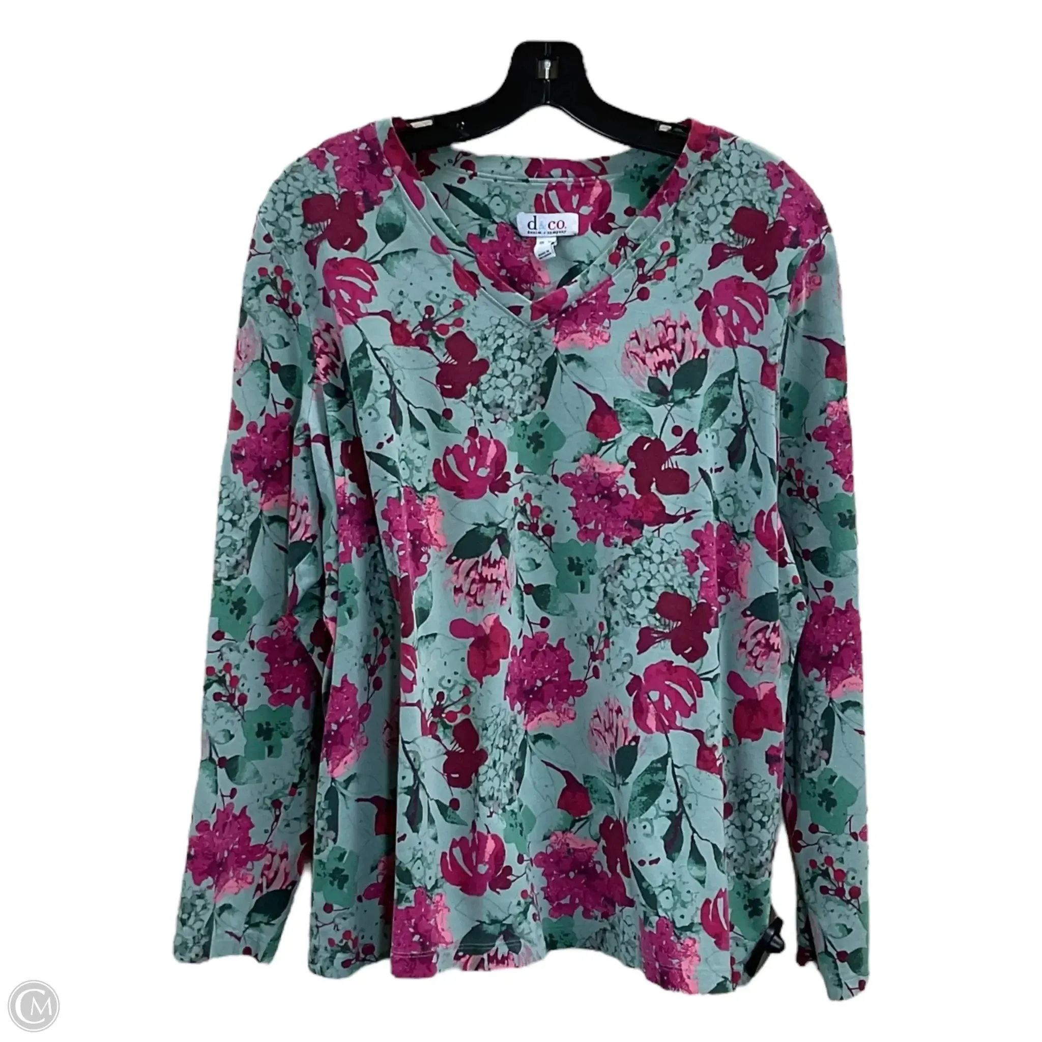 Top Long Sleeve By Denim And Company In Green & Pink, Size: Xl