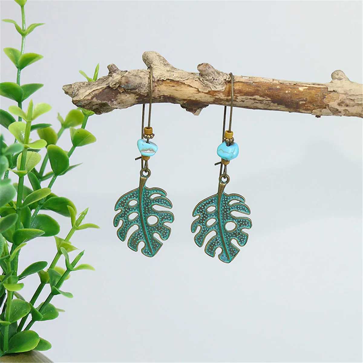 Turquoise & 18K Gold-Plated Open Leaf Drop Earrings