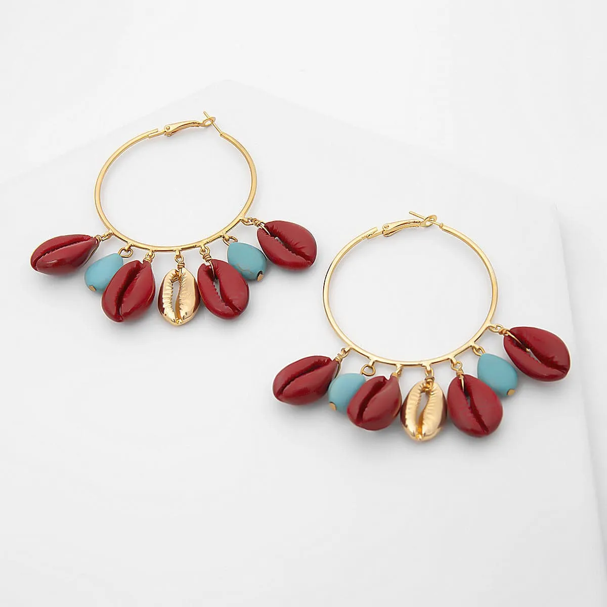 Turquoise & Red Shell Charm Hoop Earrings