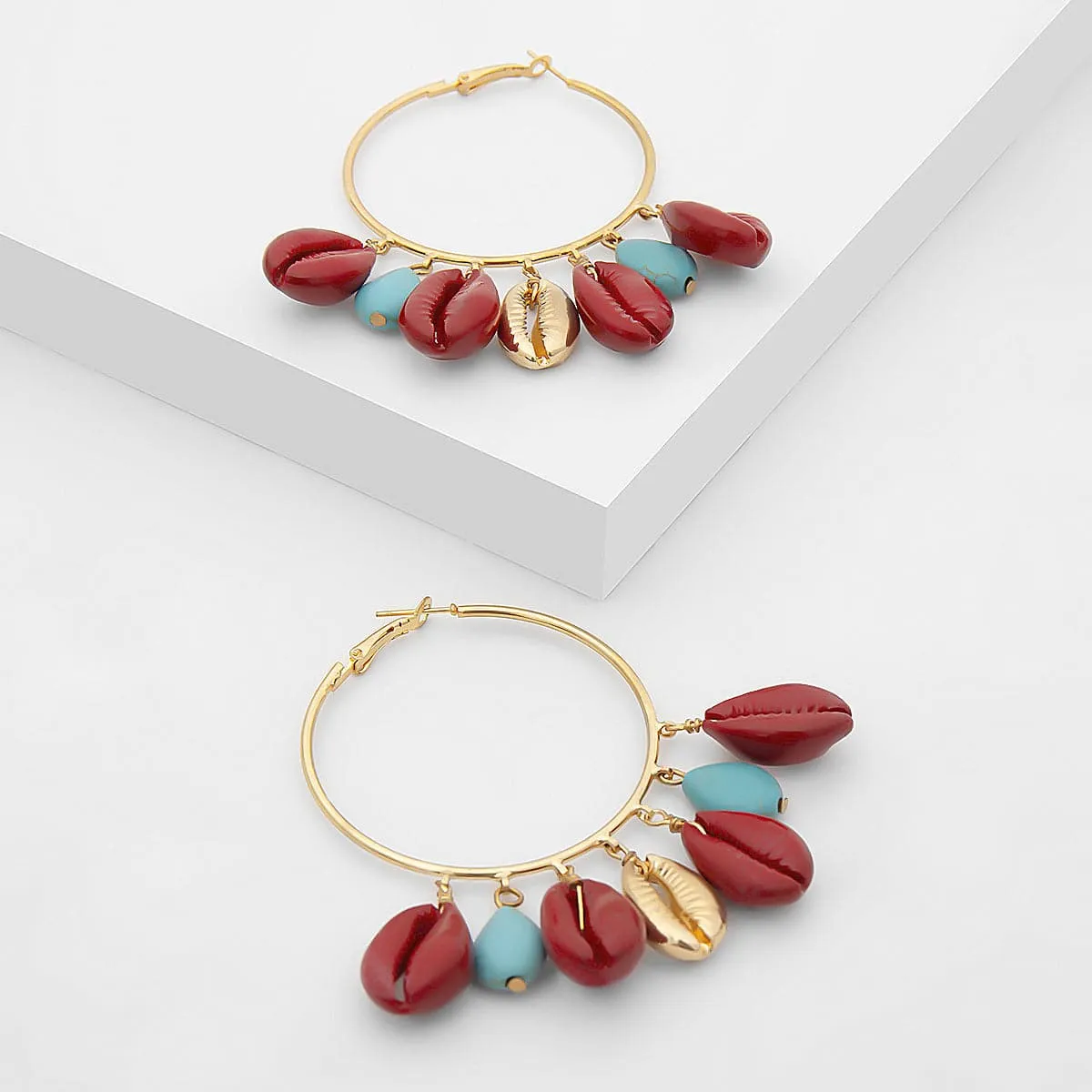 Turquoise & Red Shell Charm Hoop Earrings