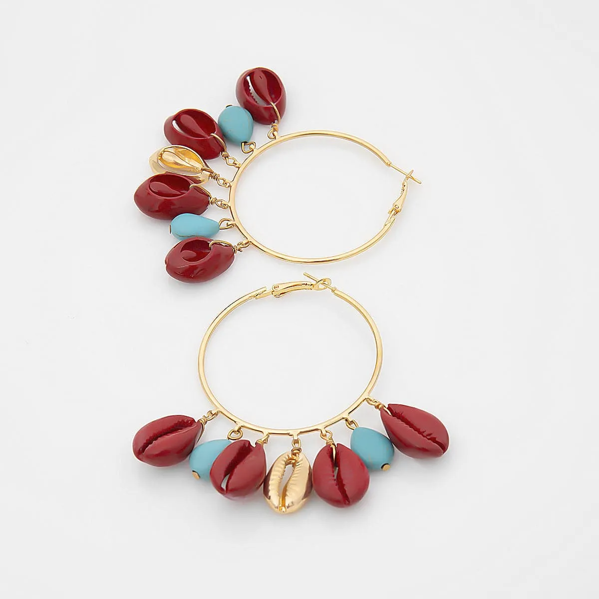 Turquoise & Red Shell Charm Hoop Earrings
