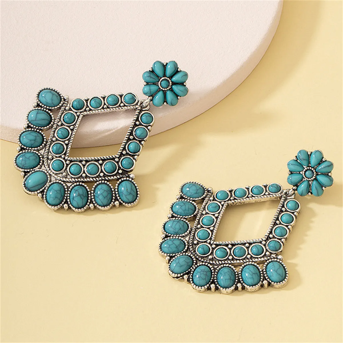 Turquoise & Silver-Plated Floral Rhombus Drop Earrings