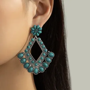 Turquoise & Silver-Plated Floral Rhombus Drop Earrings