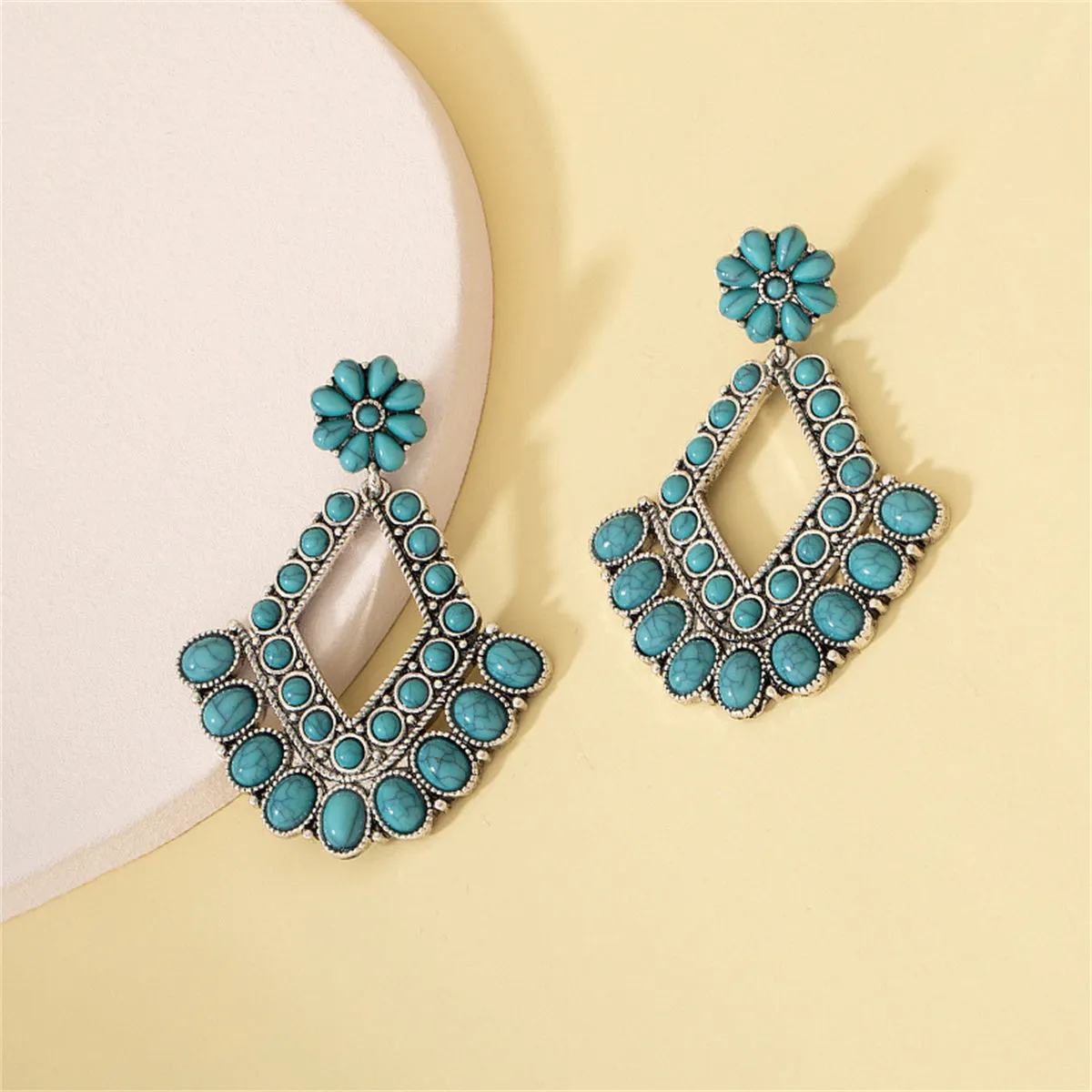 Turquoise & Silver-Plated Floral Rhombus Drop Earrings