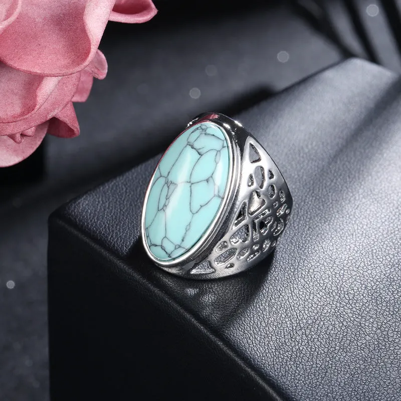 Turquoise & Silver-Plated Oval-Cut Ring