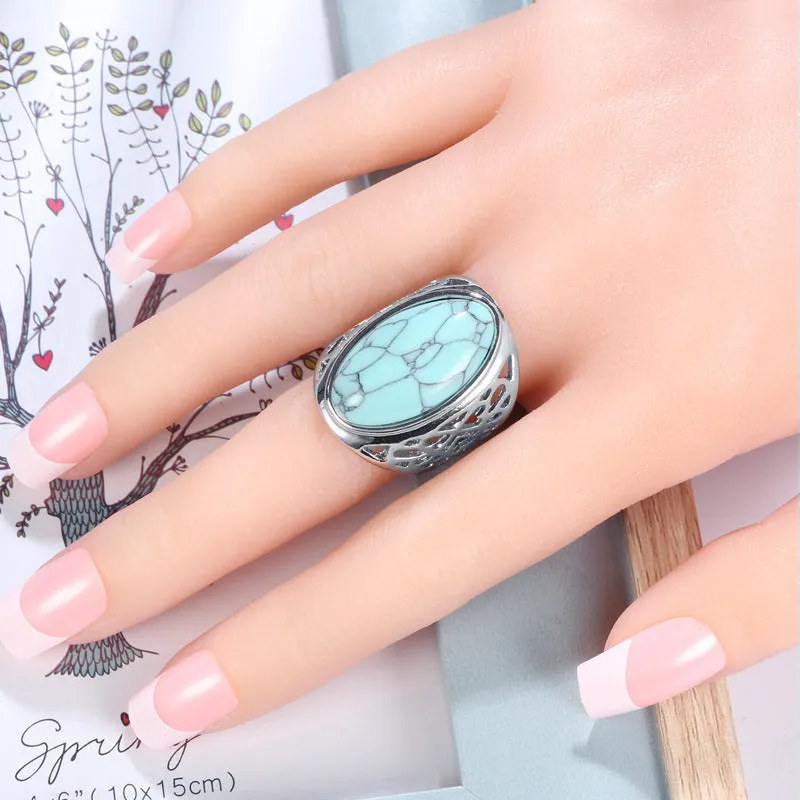 Turquoise & Silver-Plated Oval-Cut Ring