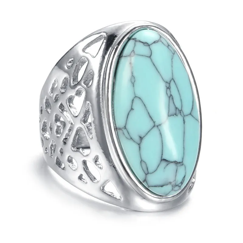 Turquoise & Silver-Plated Oval-Cut Ring