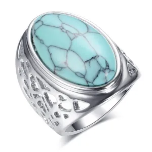 Turquoise & Silver-Plated Oval-Cut Ring