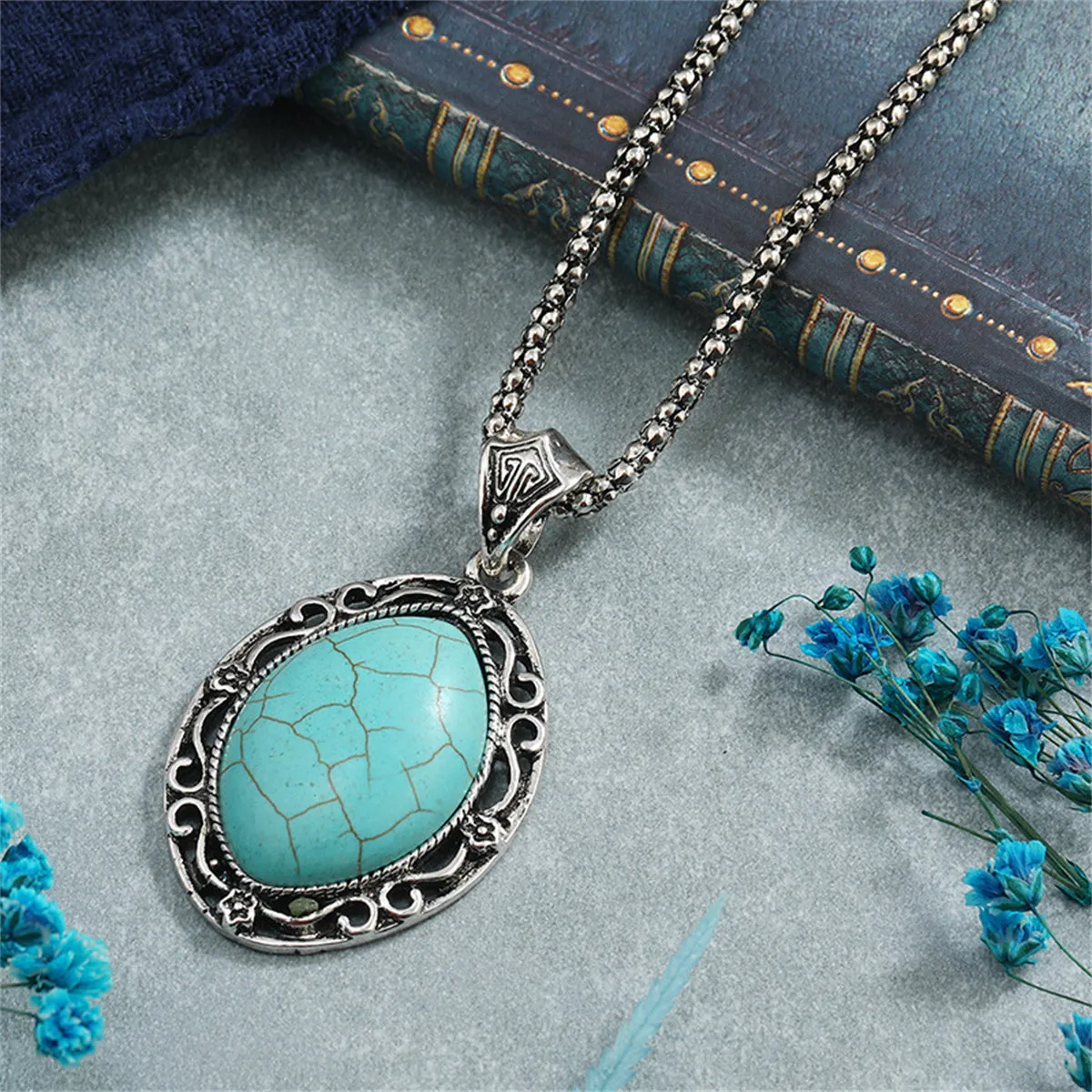 Turquoise & Silver-Plated Oval Pendant Necklace