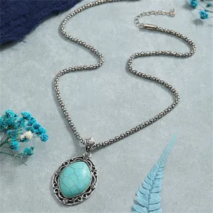 Turquoise & Silver-Plated Oval Pendant Necklace