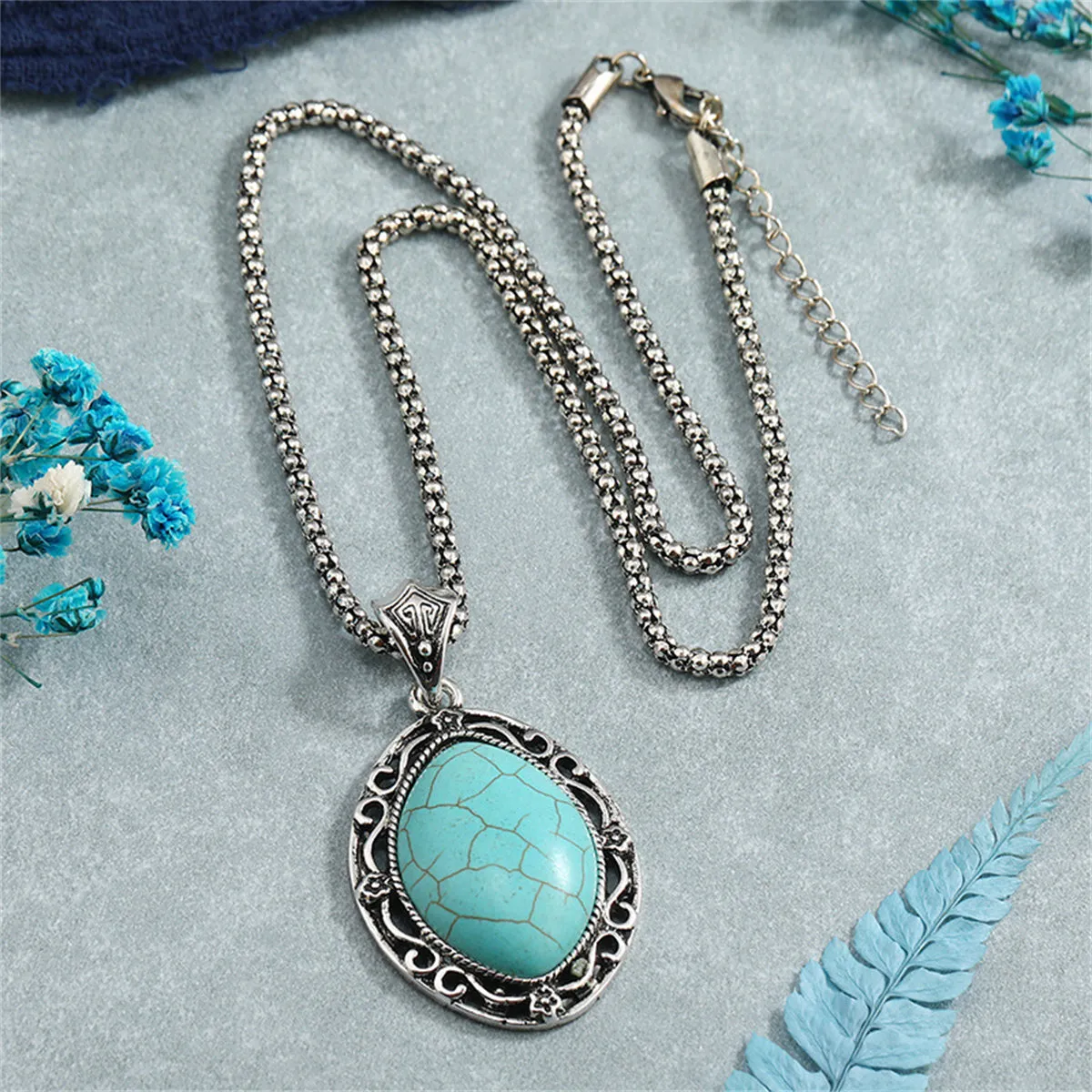 Turquoise & Silver-Plated Oval Pendant Necklace