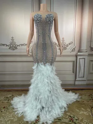 Unique Design Elegant White Feather Trailing Dress