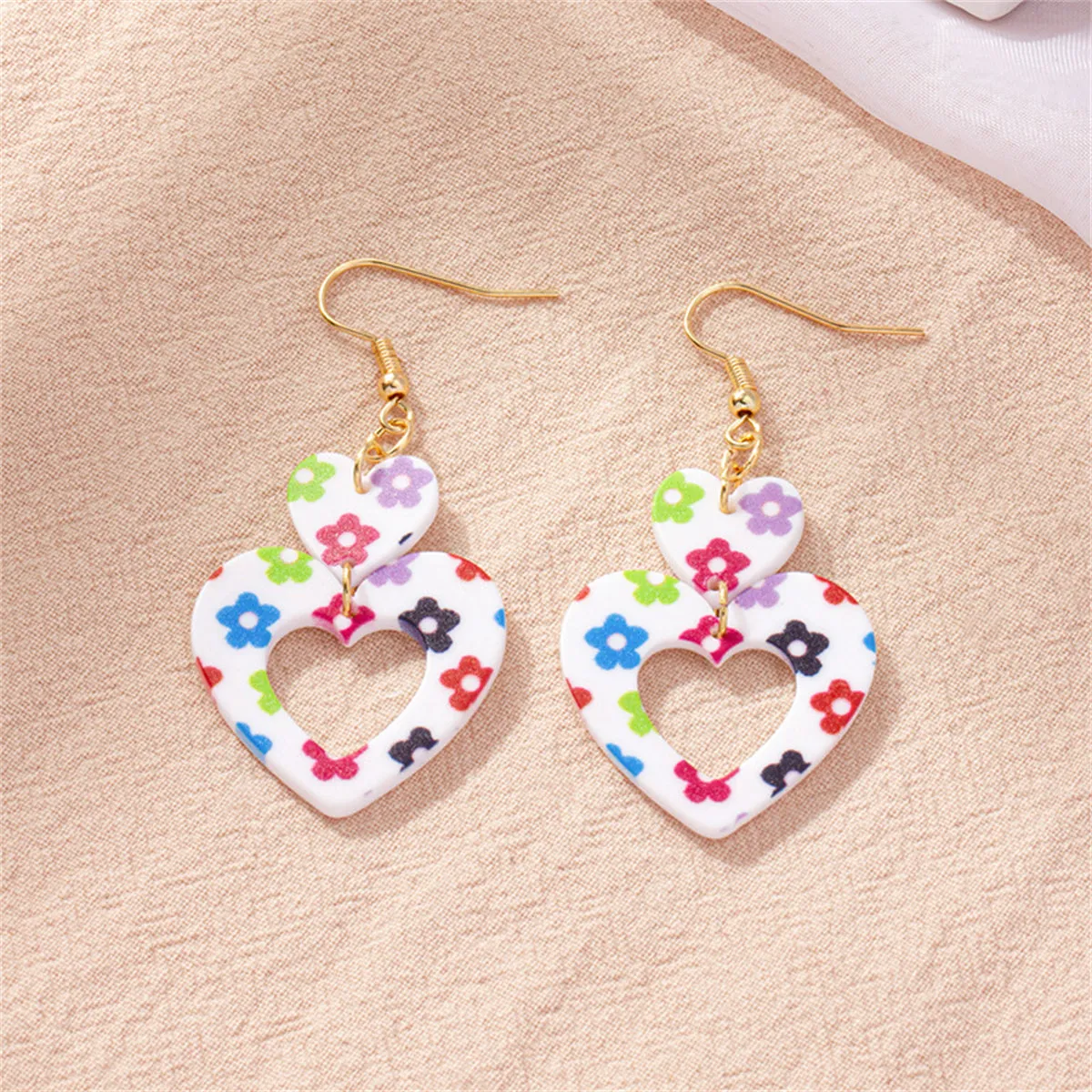 Vibrant Acrylic & 18K Gold-Plated Floral Double Open Heart Drop Earrings