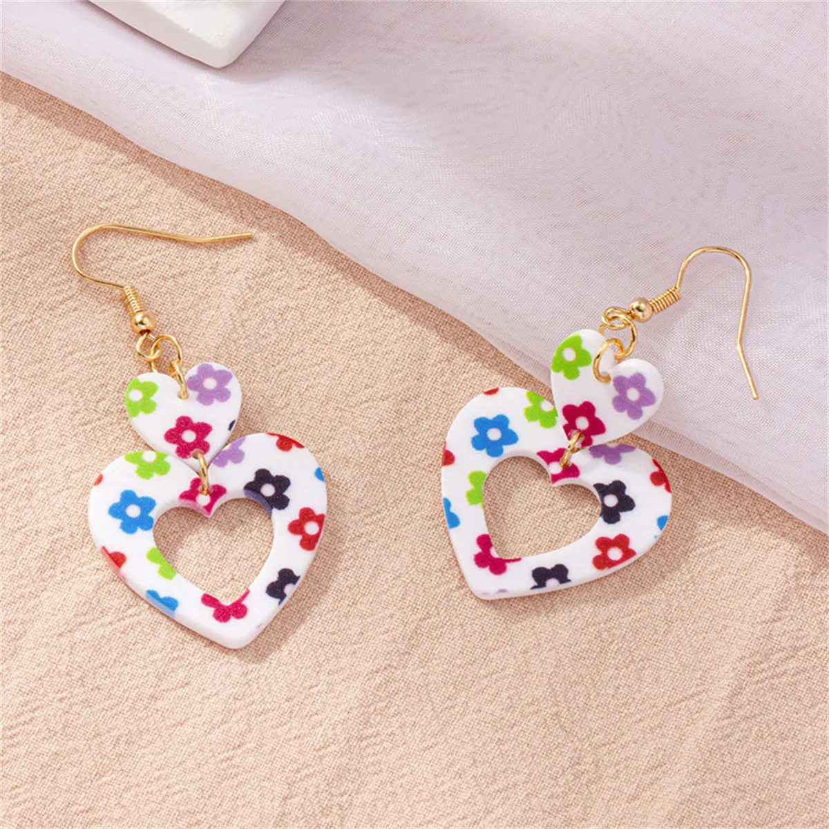 Vibrant Acrylic & 18K Gold-Plated Floral Double Open Heart Drop Earrings